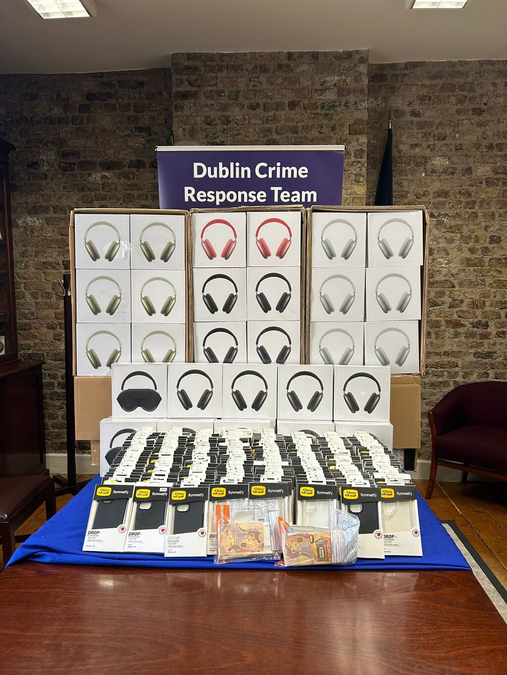 Items seized included 180 suspected counterfeit Apple AirPod Max headphones, with an estimated loss of revenue of more than €104,000.