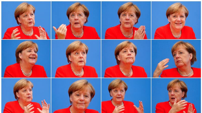 A combination of 12 pictures showing Angela Merkel as she addresses a news conference in Berlin, Germany in August. Photograph: Fabrizio Bensch/Reuters