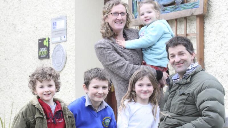 Half and half: Mags and Ger Kirwan with their children in Thomastown, Co Kilkenny. Photograph: Jack Caffrey