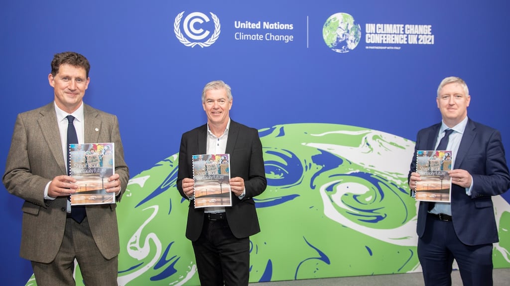 Minister for the Environment Eamon Ryan, EirGrid chief executive Mark Foley, and Liam Ryan, Eirgrid’s chief innovation and planning officer, at the recent Cop26 summit in Glasgow