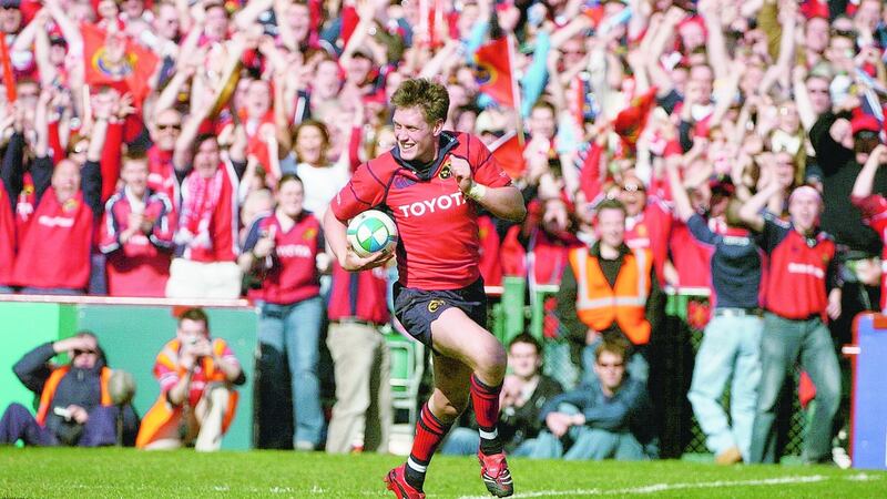 Munster’s Ronan O’Gara crosses the line to score his side’s second try during the victory over Leinster in the Heineken Cup semi-final at Landsdowne Road in 2006. Photograph: Brendan Moran/Sportsfile