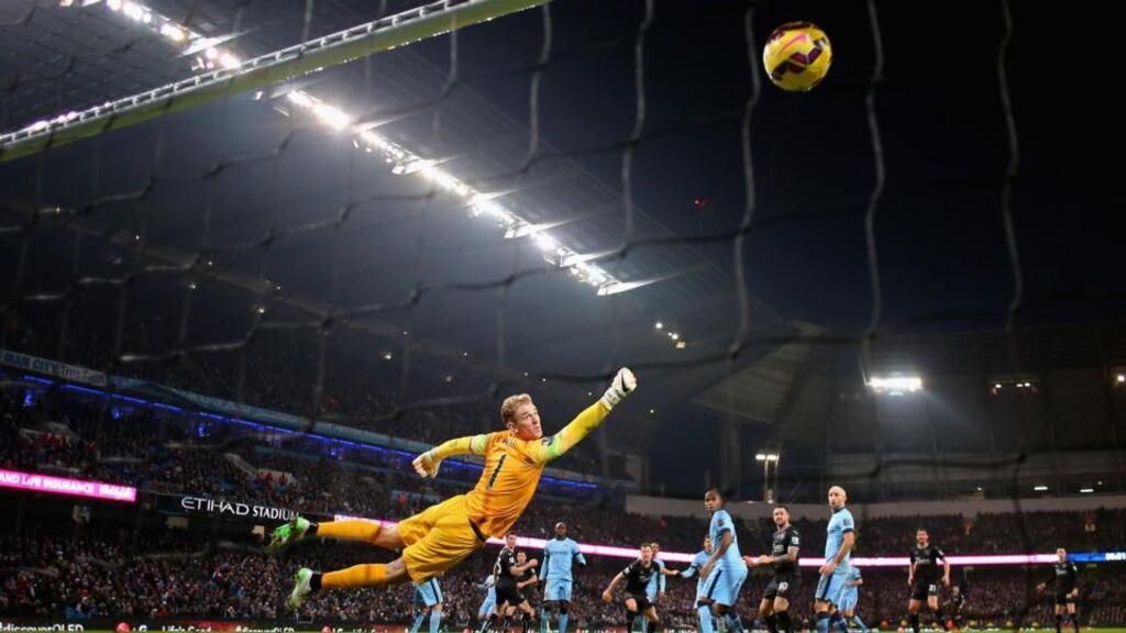 A diving Joe Hart can’t keep out Ashley Barnes’s equaliser for Burnley against Manchester City at the Etihad Stadium. The goal meant City failed to record a club record 10th consecutive victory. Photograph: Getty Images