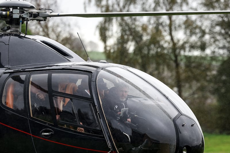 Shamrock Rovers manager Stephen Bradley arrives at City of Derry Rugby Club by helicopter ahead of Sunday's Premier Division match against Derry City at the Ryan McBride Brandywell Stadium. Photograph: Ben Brady/Inpho