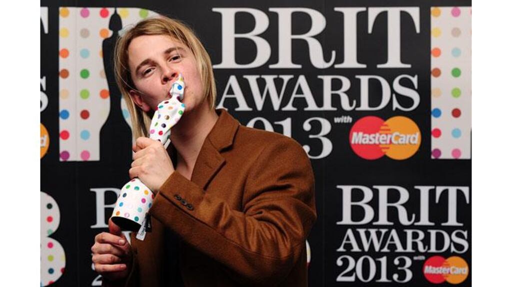 Tom Odell with the Critics' Choice award in the press room at the 2013 Brit Awards at the O2 Arena, London, tonight. Scottish singer Emeli Sande won two Brit awards. Photograph: Ian West/PA Wire