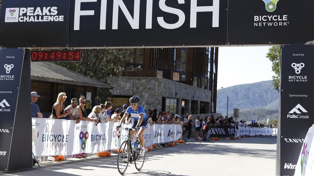 Sonia O’Sullivan crosses the finish line of the Peaks Challenge Falls Creek