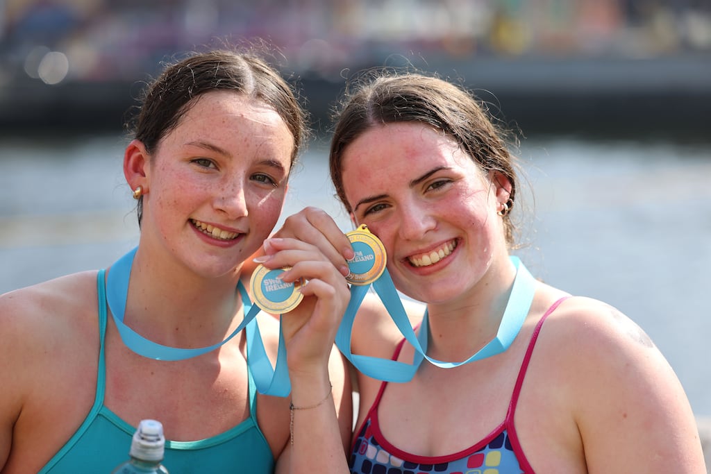 Winners Jessica Purcell, who won the women’s event at the104th Liffey Swim, and Sarah Coughlin, who took second place. Photograph: Dara Mac Dónaill
