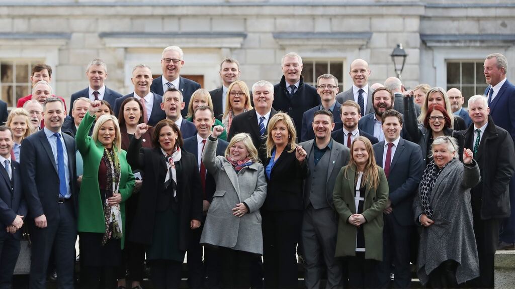 ‘The Sinn Féin leader was busy making as many grand entrances as she possibly could with her 36 strong Dáil team.’ Photograph:  Niall Carson/PA