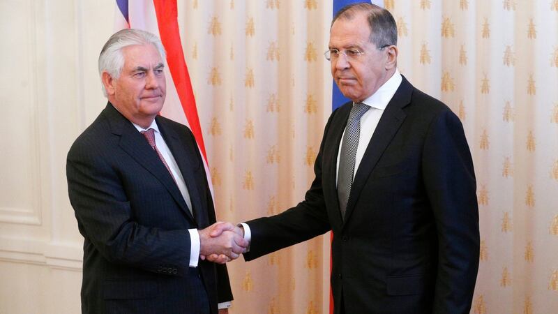 US secretary of state Rex Tillerson is greeted by Russian foreign minister Sergei Lavrov in Moscow on Wednesday. Photograph: Sergei Chirikov/EPA