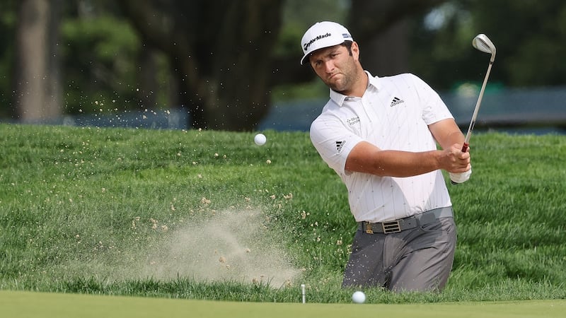 Jon Rahm of Spain hits out of a bunker on the 12th hole during a practice round at Winged Foot. Photograph: Justin Lane/EPA