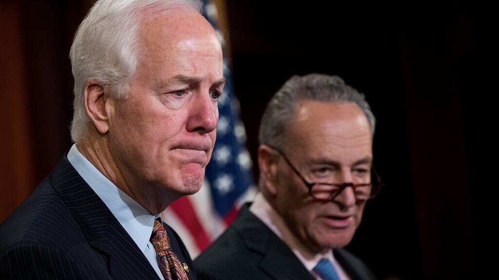 Republican senator John Cornyn of Texas and Democrat senator Chuck Schumer of New York, who sponsored the legislation. Photograph: Drew Angerer/Getty Images