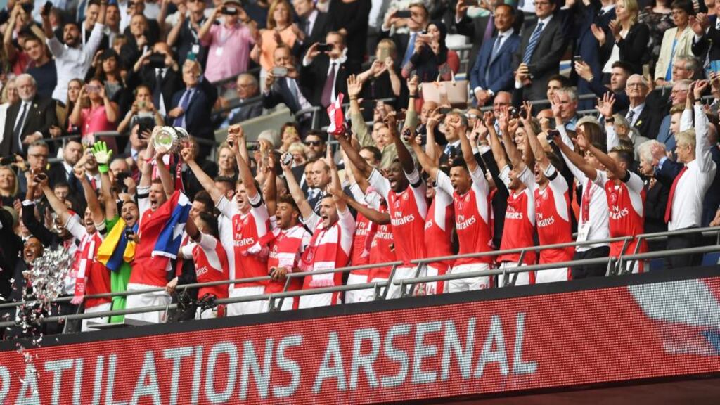 Arsenal celebrate their FA Cup final victory over Chelsea at Wembley. Photograph: Mike Hewitt/Getty