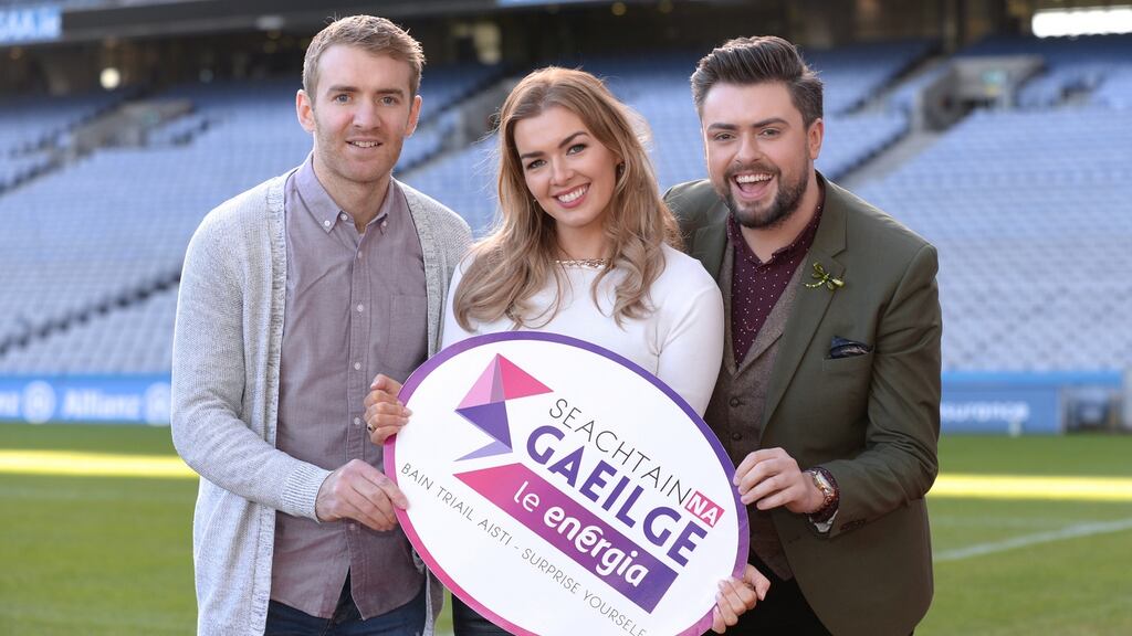 Noel McGrath, Caitlín Nic Aoidh and James Patrice at the launch of Seachtain Na Gaeilge le Energia which runs from  March 1st - 17th. Photograph: Conor McCabe Photography.