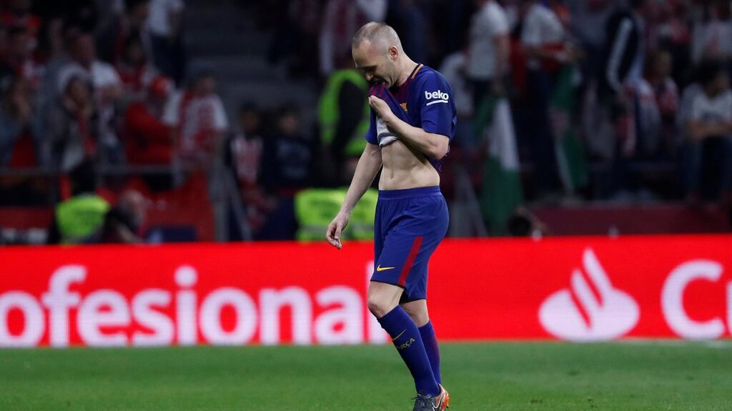 An emotional Andres Iniesta walks off the pitch after being substituted in Barcelona’s Copa del Rey final win over Sevilla at the Wanda Metropolitano stadium in Madrid. Photograph: Juan Medina/Reuters