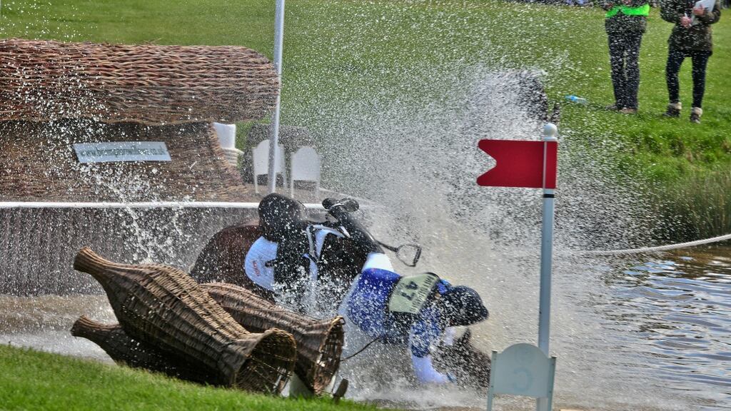 Thrills and spills: Kristina Cook falls at the water jump during last year’s Badminton horse trials. Photograh: Jules Annan/Barcroft Media via Getty Images