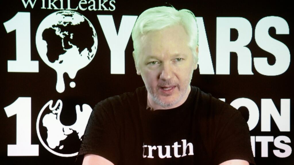 Wikileaks founder Julian Assange in a live video link at a press conference in Berlin on Tuesday, during which he promised leaks this month of “significant material”. Photograph: Maurizio Gambarini/ EPA