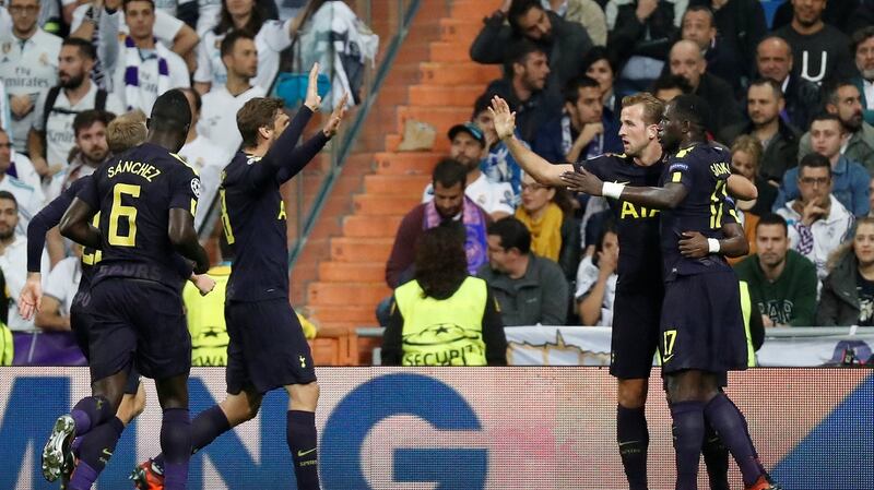 Tottenham players celebrate their goal. Photograph: Paul Hanna/Reuters
