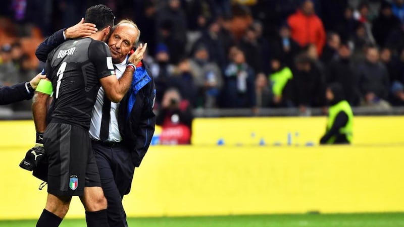 Gianluigi Buffon and Italy boss Gian Piero Ventura after Italy’s goalless draw with Sweden. Photograph: Daniel Dal Zennaro/EPA
