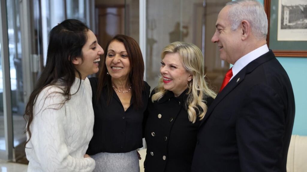 Israeli prime minister Benjamin Netanyahu (right) and his wife Sara (second right), meet freed backpacker Naama Issachar (left) and her mother Yaffa (second left) in Moscowon Thursday. Photograph: Handout/EPA