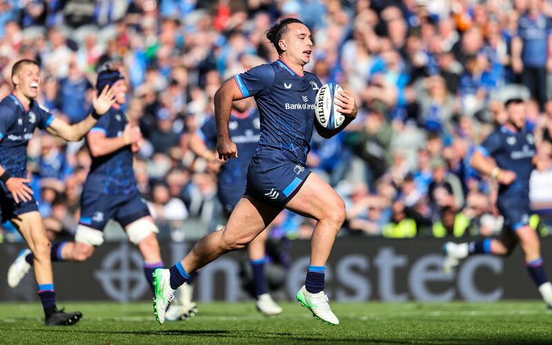Leinster's James Lowe on his way to scoring against Harlequins at Croke Park. Photograph: Nick Elliot/Inpho