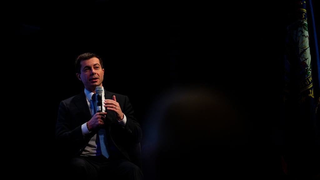 Pete Buttigieg introduces himself during the New Hampshire Youth Climate and Clean Energy Town Hall in Concord, New Hampshire on Wednesday. Photograph: New York Times