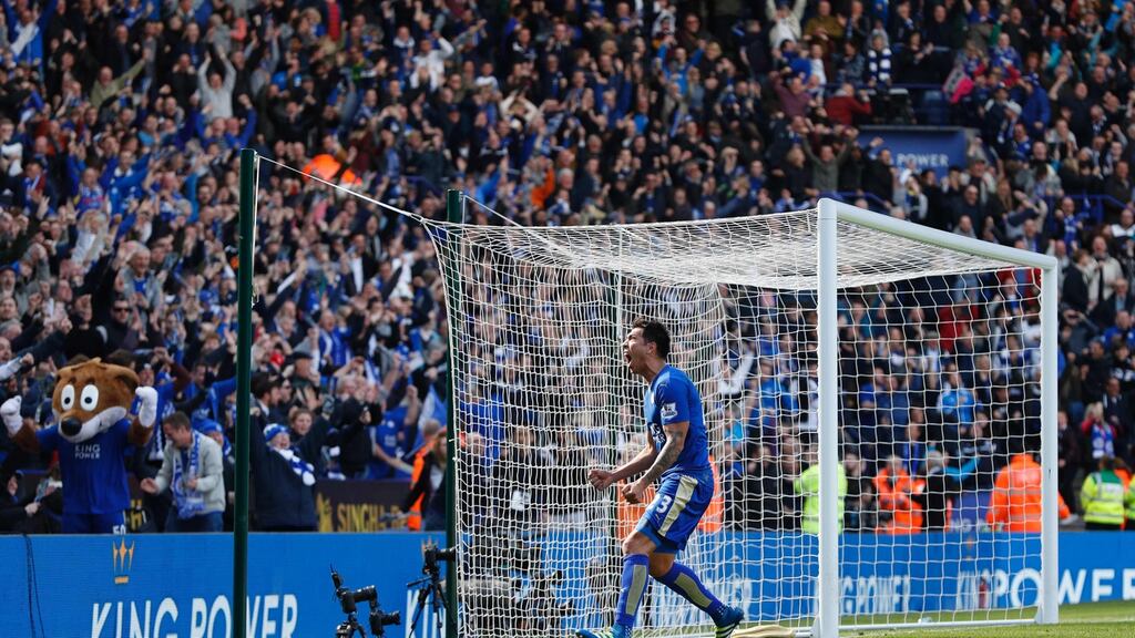 Leicester City’s Argentinian striker Leonardo Ulloa celebrates scoring their second goal from the penalty spot to equalise at the King Power Stadium. Photograph: Getty Images