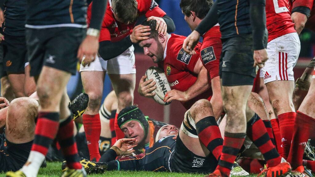 Munster’s James Cronin scores the bonus point try in their Pro12 win over Newport Gwent Dragons. Photo: Billy Stickland/Inpho
