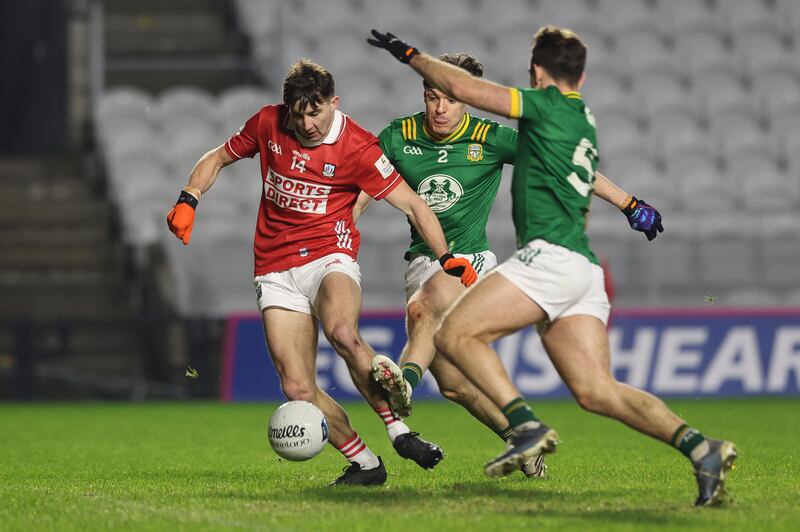 Cork's Chris Óg Jones scores a goal against Meath in the NFL Dvision 2 game at Páirc Uí Chaoimh. Photograph: Natasha Barton/Inpho