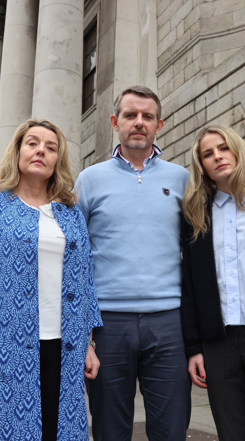 Fiona and Tim Tuomey with daughter Daisy, at the Four Courts, Dublin. Photograph: Dara Mac Dónaill