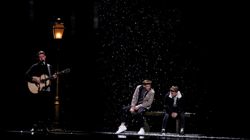 Ireland’s Ryan O’Shaughnessy performs ‘Together’ during the dress rehearsal for the Grand Final of the Eurovision Song Contest 2018  in Lisbon. Photograph: Reuters/Rafael Marchante