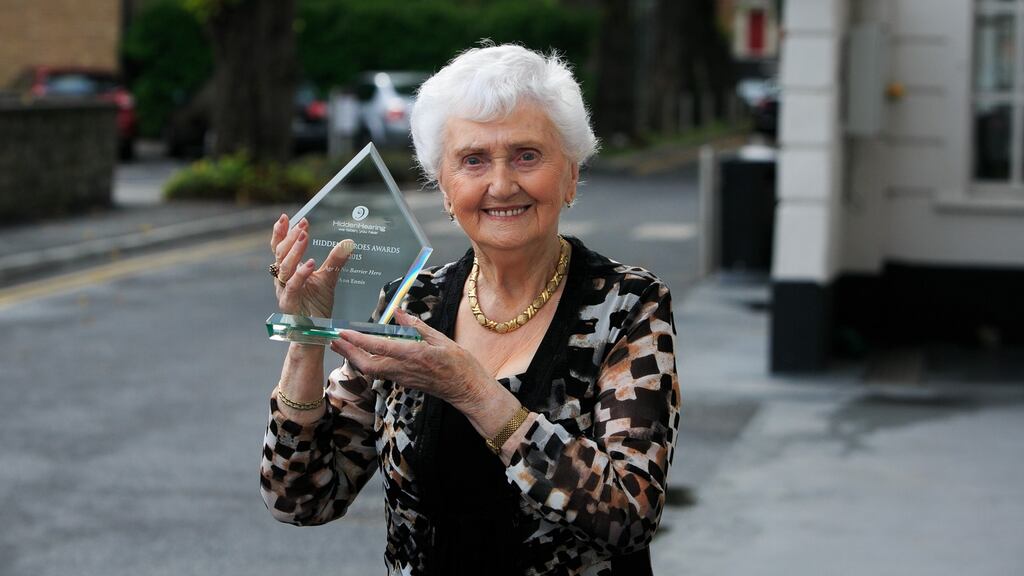 Age Is No Barrier winner and Overall Hero Ann Ennis from Wexford, during Ireland’s Hidden Heroes Awards ceremony in Dublin. Photograph: Gareth Chaney Collins