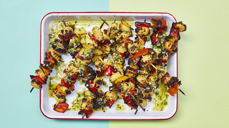 Crispy gnocchi – on a stick! – with charred peppers and basil pesto. Photograph: David Loftus