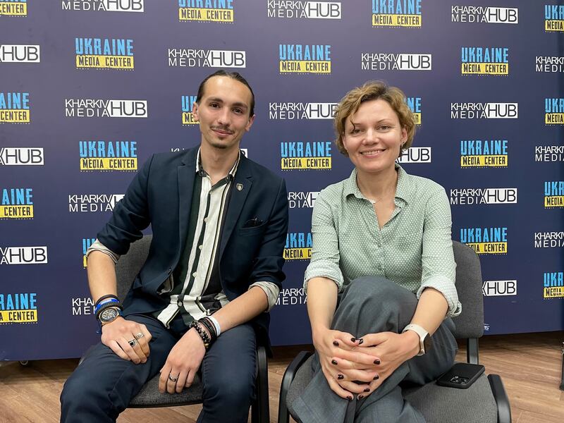 Ruslan Misiunia and Natalia Kurdiukova in the Kharkiv media hub. Photograph Daniel McLaughlin