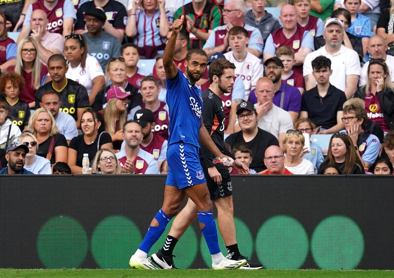 Everton's Dominic Calvert-Lewin leaves the field after picking up a cheek injury during the Premier League defeat at Villa Park. Photograph: Nick Potts/PA