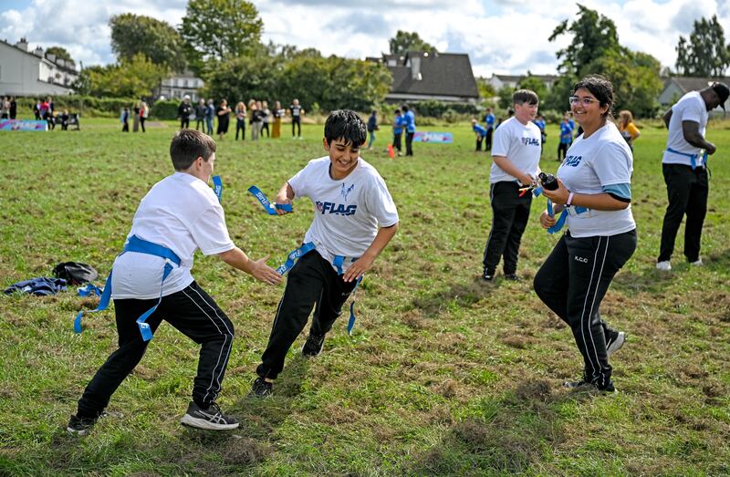 Schoolchildren from Kingswood Community College in Dublin enjoying a game of flag football on Thursday. Photograph: Brendan Moran/Sportsfile