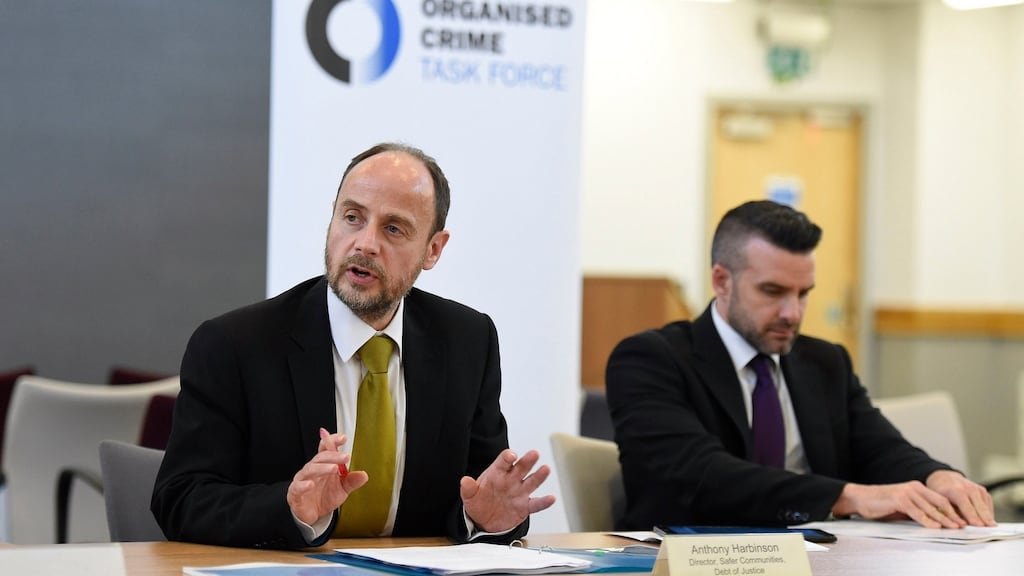 From left, Anthony Harbinson, head of the OCTF in Northern Ireland, and Det Supt Bobby Singleton, PSNI. Photograph: Michael Cooper/ PA Wire