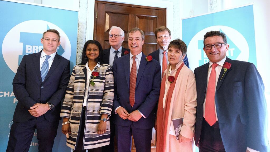 Brexit Party leader Nigel Farage (centre) with party candidates for the possible British involvement in upcoming EU elections. Photograph: Leon Neal/Getty