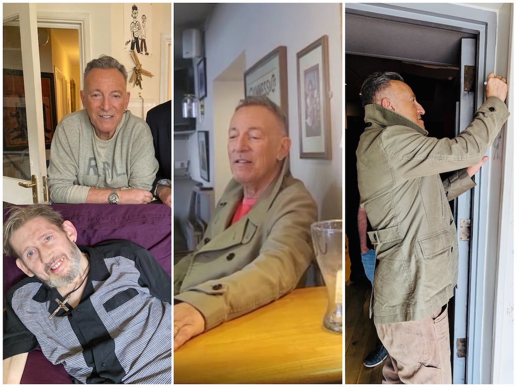 Where's Bruce: Springsteen with Shane MacGowan, in The Burrow pub in Rathangan, and signing the wall in Windmill Lane studios in Dublin. Photographs: Twitter