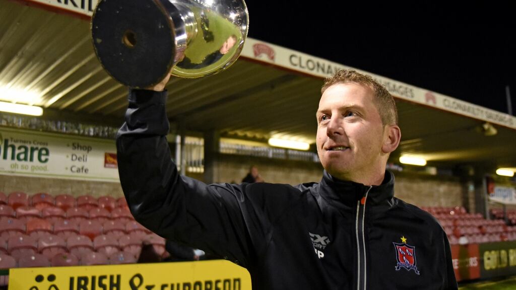 Dundalk head coach Vinny Perth celebrates with the President’s Cup. Photograph: Ciaran Culligan/Inpho