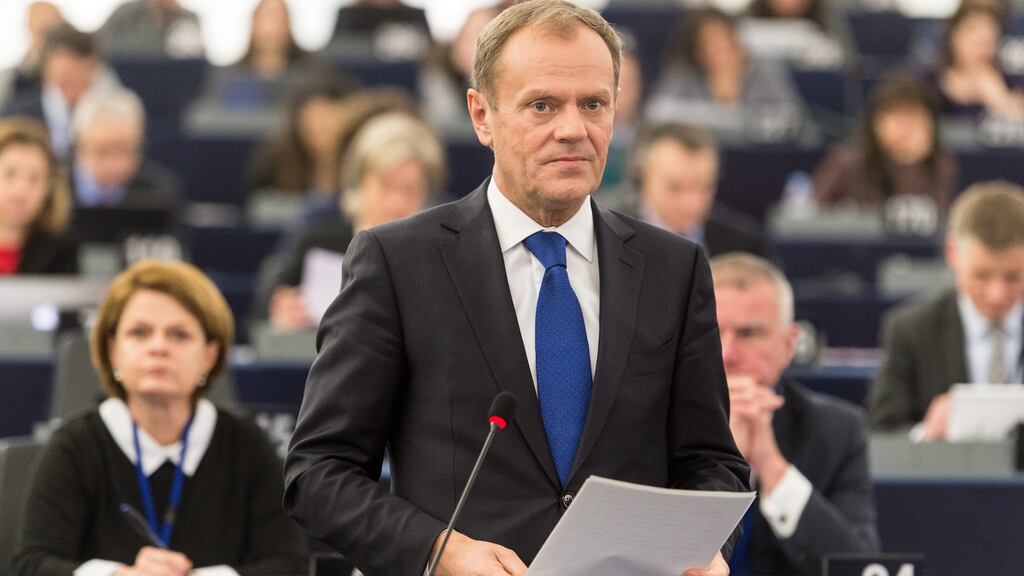 The president of the European Council, Donald Tusk, delivers his speech at the European Parliament in Strasbourg, France. Photograph: EPA
