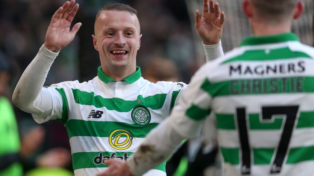 Celtic’s Leigh Griffiths celebrates scoring his side’s third goal during the Scottish Premiership match against Kilmarnock at Celtic Park. Photograph: Andrew Milligan/PA Wire