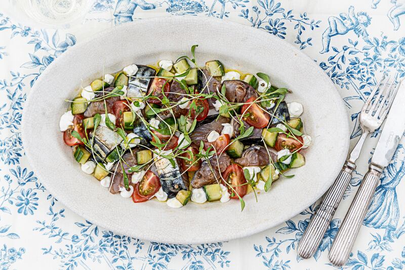 Mackerel ceviche with creme fraiche, wasabi, pickled cucumber, cherry tomatoes and coriander