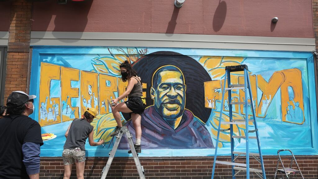 A mural depicting George Floyd in Minneapolis. He died after a policeman in the course of an arrest pressed his knee down on the prone man’s neck for eight minutes. Four policemen were subsequently dismissed. Photograph: Jenn Ackerman/The New York Times