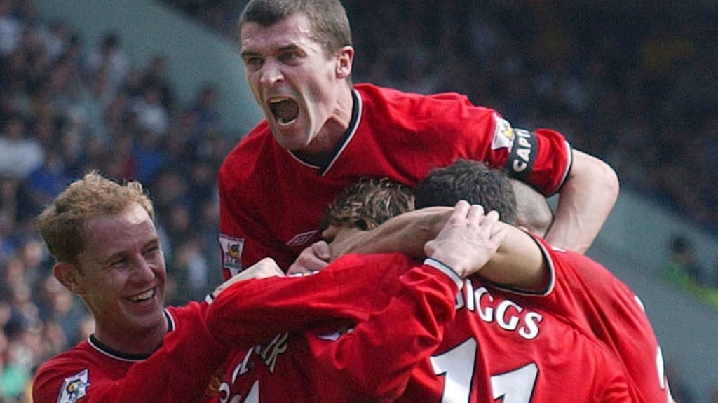 Roy Keane celebrates with Manchester United team-mates in 2002. Sam Walker argues that while Keane provided towering leadership on the field of play, his fiery and unrepentant streak hurt the teams he led in other ways. Photograph: PA