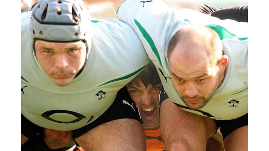 Mike Ross, Donncha O'Callaghan and Rory Best getting some scrum practice during Ireland training. Photograph: Billy Stickland/Inpho