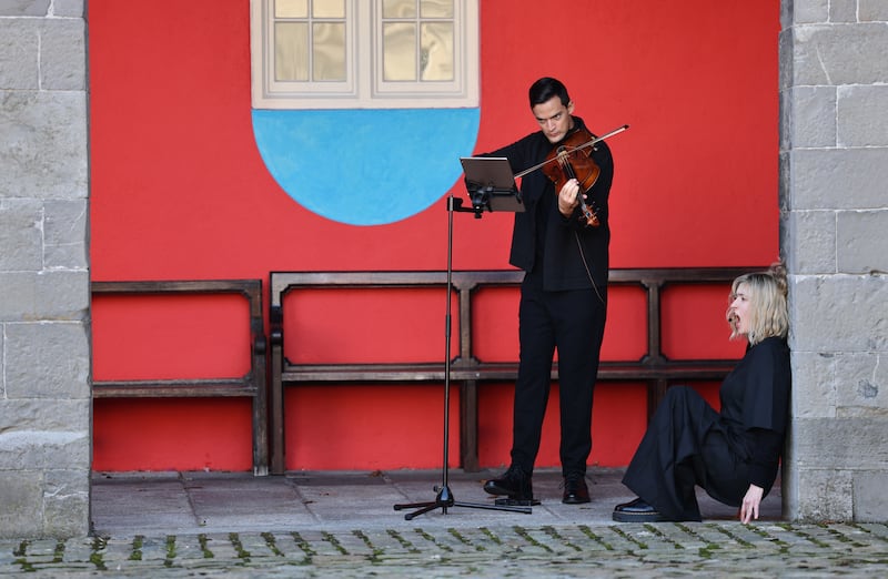 Stephen Upshaw, viola, and Rosie Middleton, mezzo soprano, performing in Anu Productions show, The Wernicke’s Area, at the IMMA, Royal Hospital Kilmainham, Dublin. Photograph: Dara Mac Dónaill