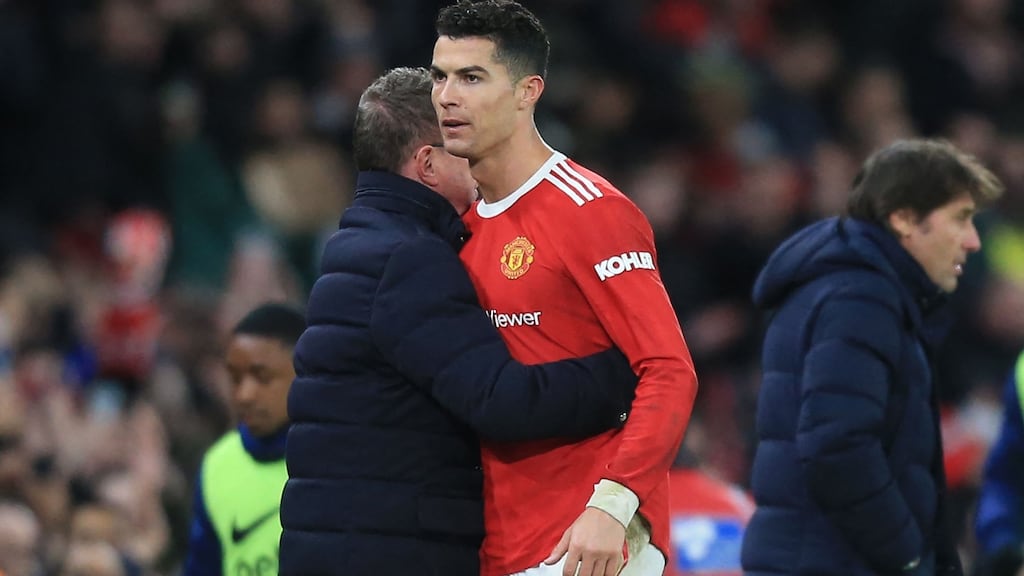 Manchester United interim head coach Ralf Rangnick embraces Cristiano Ronaldo as he leaves the game substituted after scoring a hat-trick against Tottenham at Old Trafford. Photograph: Lindsey Parnaby/AFP via Getty Images
