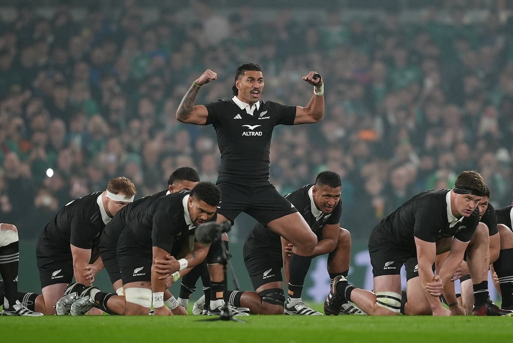 New Zealand's Rieko Ioane leads tthe haka ahead of the Autumn international match against Ireland at the Aviva Stadium last year. Photograph: Niall Carson/PA Wire.