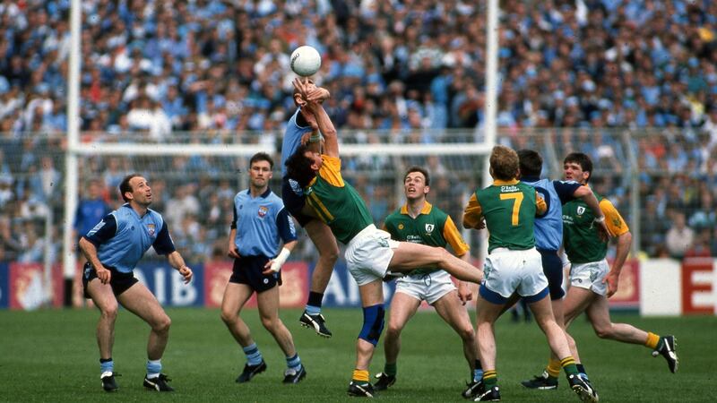 Meath’s Colm O’Rourke with Eamonn Heary of Dublin during the four-game Leinster championship saga of 1991. Photograph: Inpho