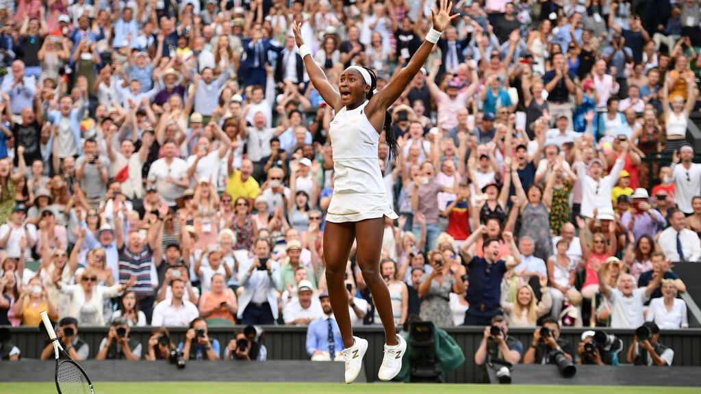 Cori Gauff celebrates her victory over Slovenia’s Polona Hercog. Photograph: Daniel Leal-Olivas/AFP/Getty
