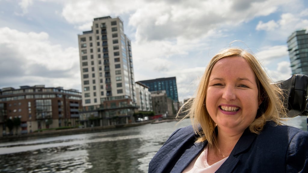 Annette Costello, at Grand Canal Square, Dublin: ‘I don’t travel very far because a lot of the paths in the area I live in Rathfarnham are not wheelchair friendly, which is a big disadvantage.’ Photograph: Dara Mac Dónaill